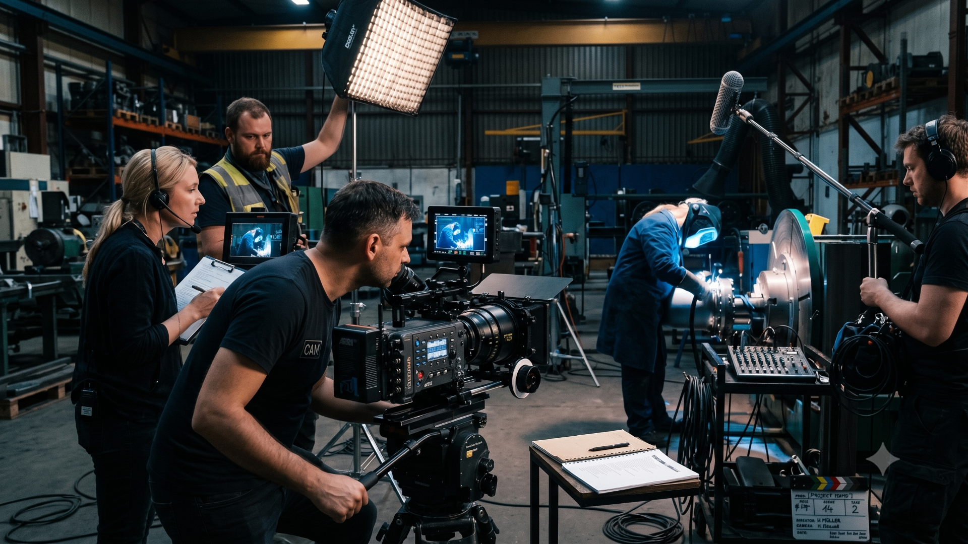 Filmteam bei der Vorbereitung und am Drehtag in einer Produktionshalle